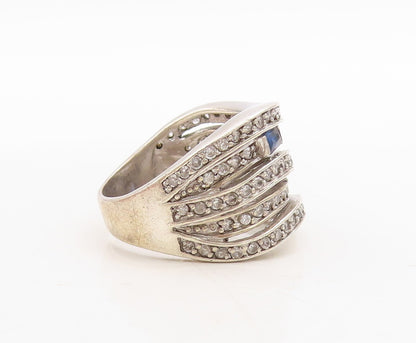 925 Sterling Silver Vintage Ring Cutout CZ & sapphire Inlay Bands Sz 9.5 RG31670