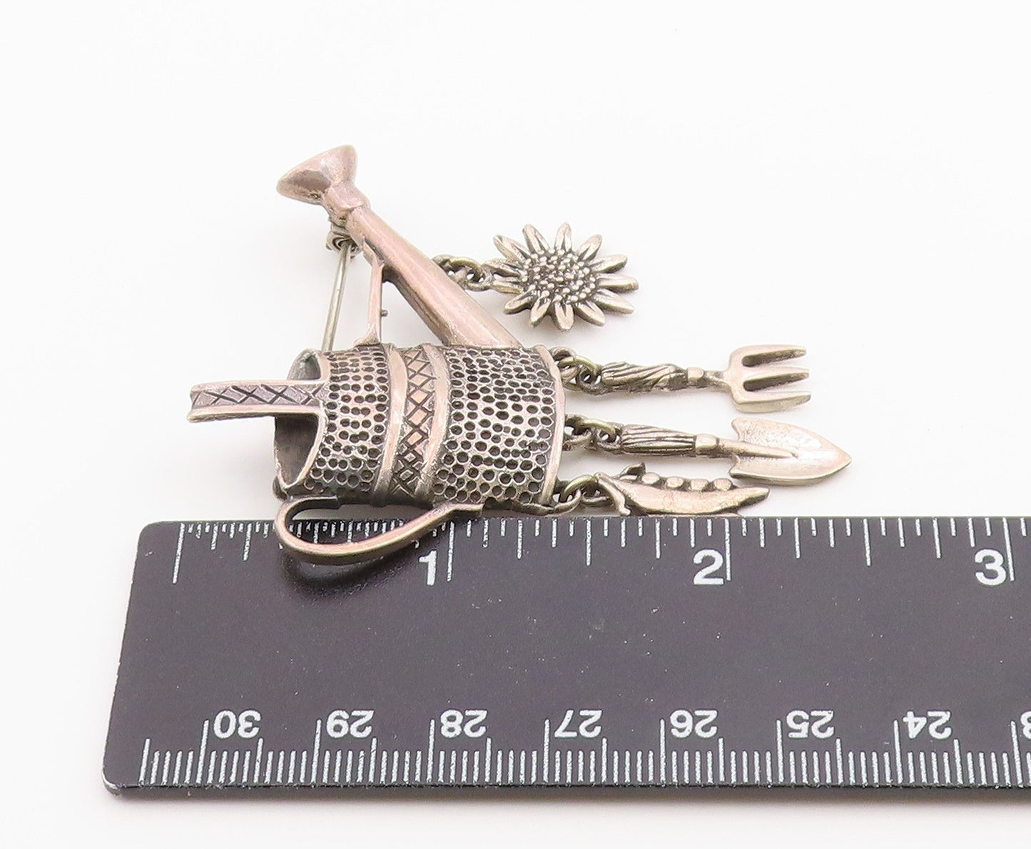 925 Sterling Silver  Vintage Dark Tone Watering Can Charmed Brooch Pin  BP3461