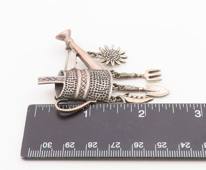 925 Sterling Silver  Vintage Dark Tone Watering Can Charmed Brooch Pin  BP3461