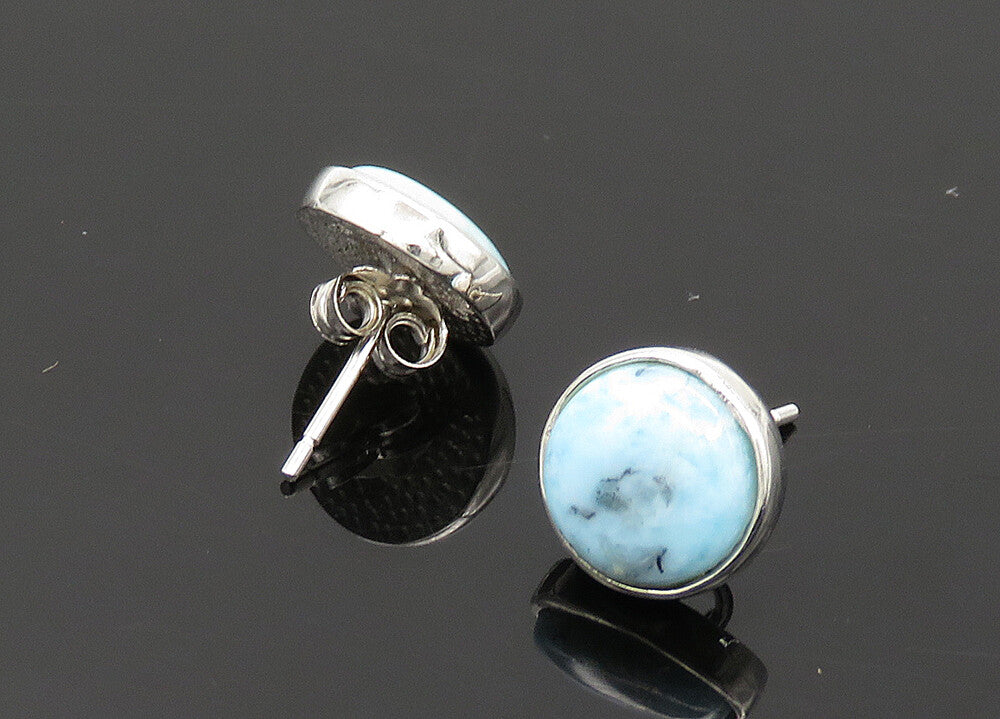 925 Sterling Silver  Vintage Cabochon Cut Larimar Round Stud Earrings  EG10140