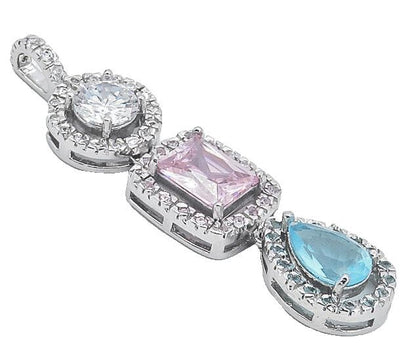 925 Sterling Silver  Shiny Cubic Zirconia & Topaz Linked Drop Pendant  PT6213