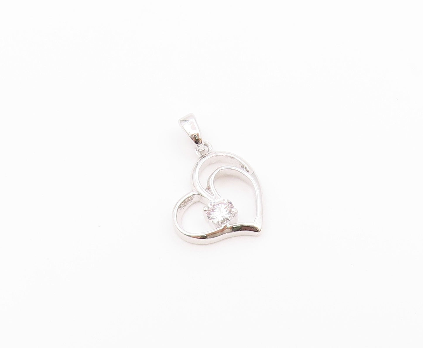 925 Sterling Silver  Vintage Single Cubic Zirconia Love Heart Pendant  PT21555