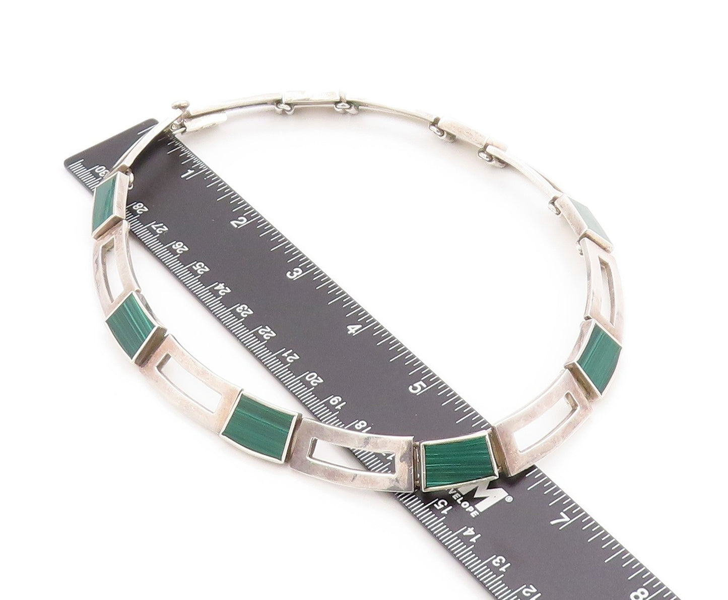 925 Sterling Silver Vintage Necklace MEXICO Malachite Geometric Collar  NE4648