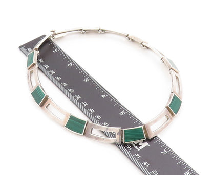925 Sterling Silver Vintage Necklace MEXICO Malachite Geometric Collar  NE4648
