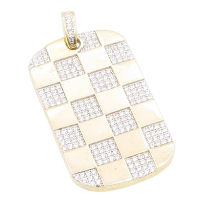 925 Sterling Silver  Shiny Cubic Zirconia Checkered Dog Tag Pendant  PT11125