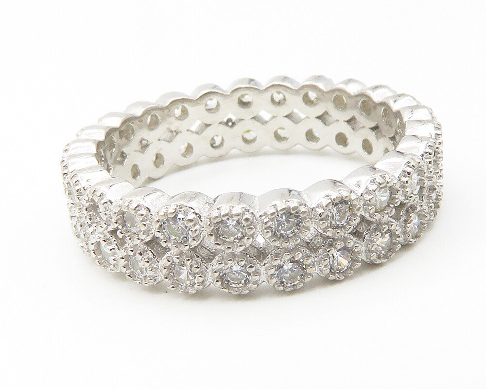 925 Sterling Silver  Sparkling Cubic Zirconia Two Row Band Ring Sz 8  RG11706