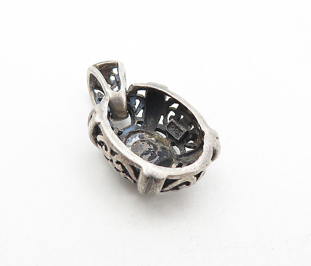 925 Sterling Silver Vintage Cabochon Cut Black Onyx Floral Pendant PT6301