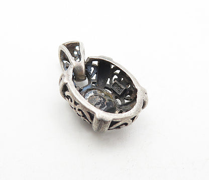 925 Sterling Silver Vintage Cabochon Cut Black Onyx Floral Pendant PT6301