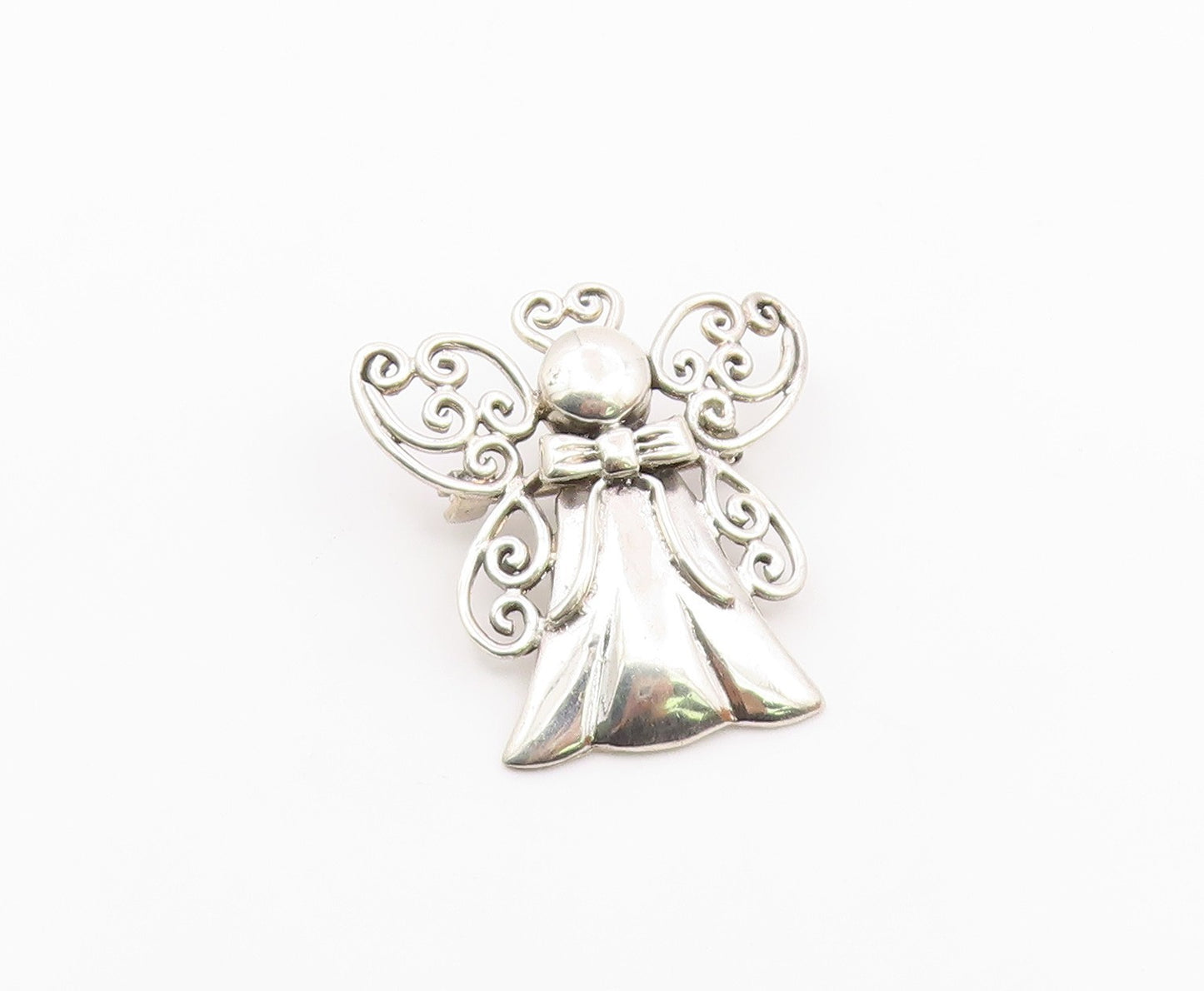 925 Sterling Silver  Vintage Shiny Swirl Wings Angel Motif Brooch Pin  BP5056