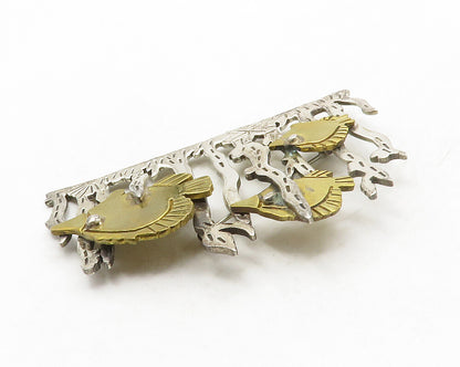 MEXICO 925 Silver  Vintage Two Tone Underwater Fish Scene Brooch Pin  BP4919