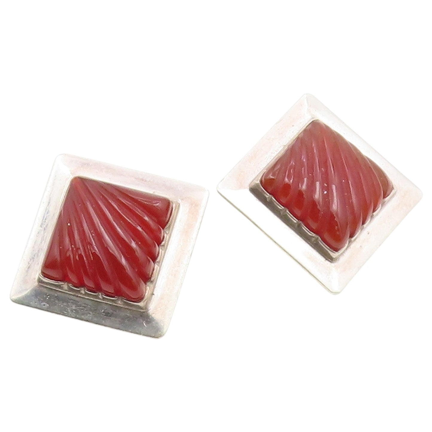 925 Sterling Silver Vintage Earrings Fluted Carnelian Geometric Clip On  EG14499