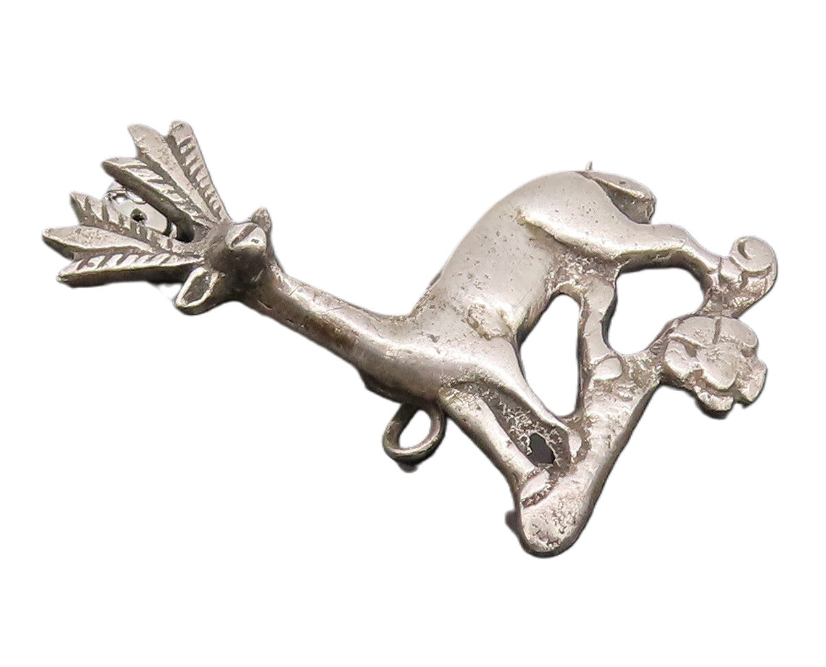 925 Sterling Silver  Vintage Antique Carved Deer On Branch Brooch Pin BP10415