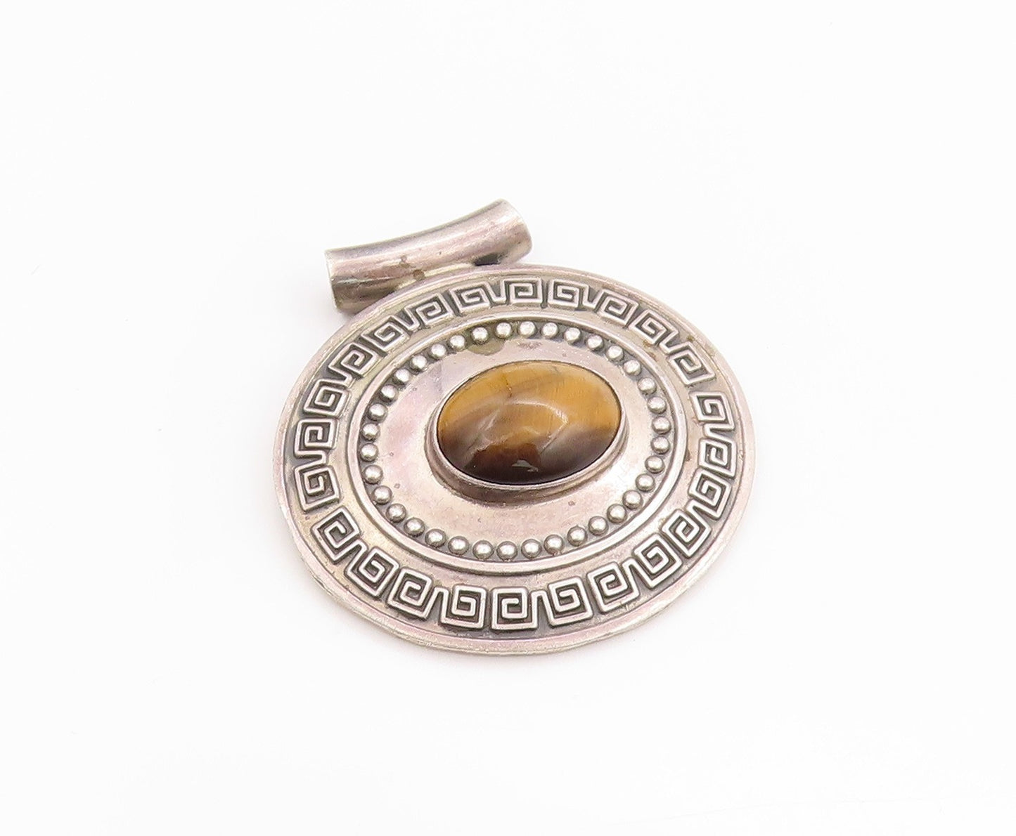 925 Sterling Silver Vintage Pendant Tiger's Eye Greek Key Heavy Design  PT24843