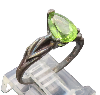 925 Silver  Vintage Swirly Carved Neck Pear Cut Green Topaz Ring Sz 8  RG27076