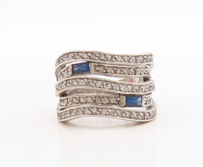 925 Sterling Silver Vintage Ring Cutout CZ & sapphire Inlay Bands Sz 9.5 RG31670