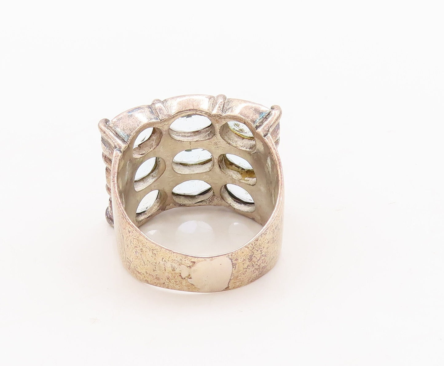 925 Sterling Silver Vintage Ring Broad Band Oval Blue Topaz Inlay  Sz 7  RG29645
