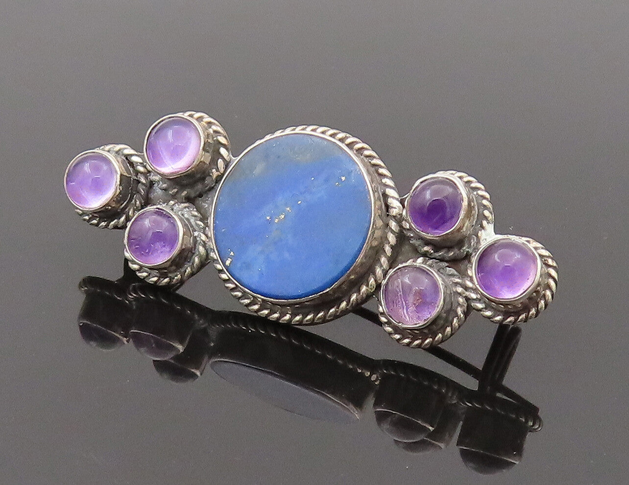 925 Silver  Vintage Lapis Lazuli & Cabochon Amethyst Brooch Pin  BP10215