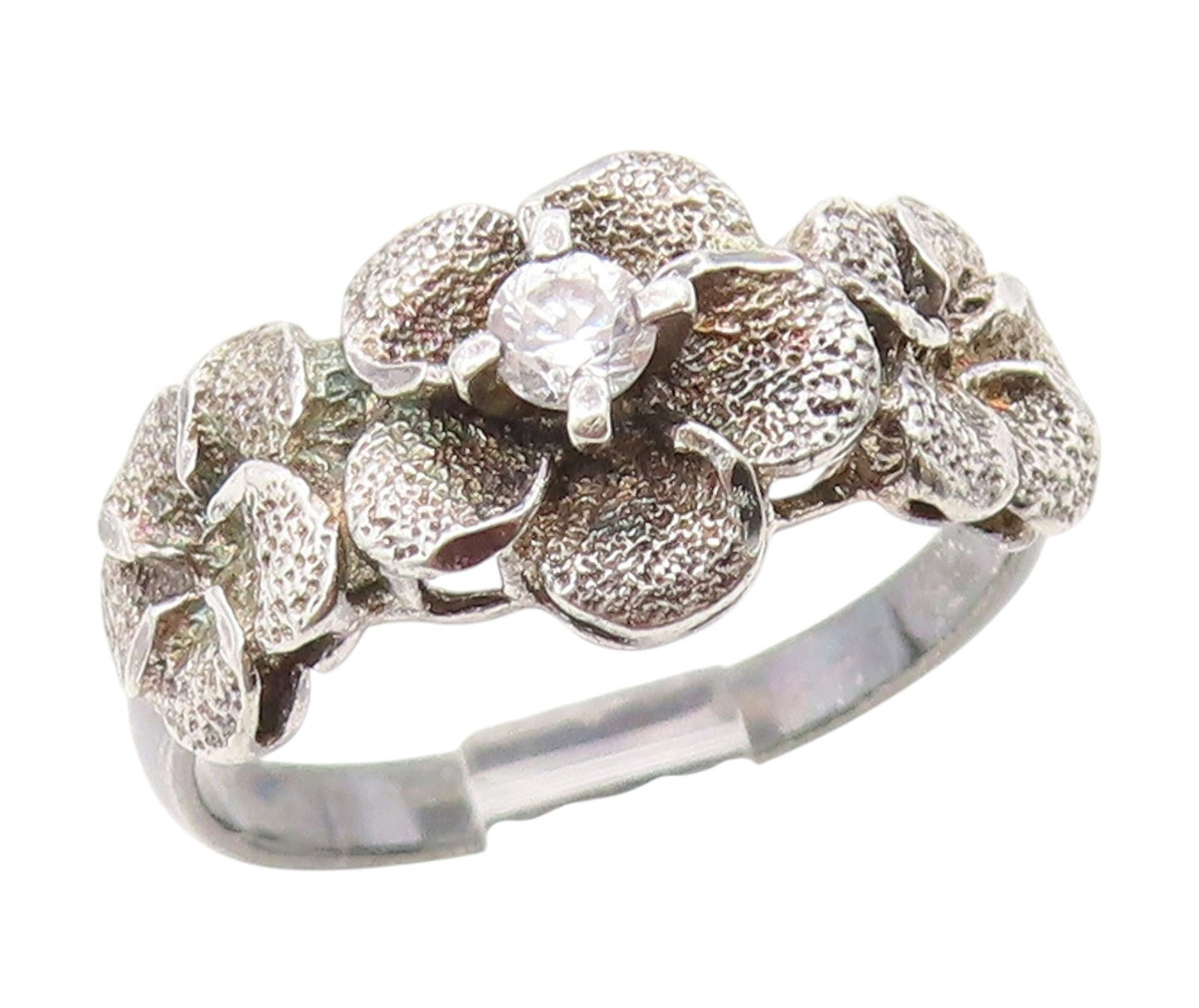 925 Sterling Silver Vintage Ring CZ Carved Floral Statement Band  Sz 7  RG34461