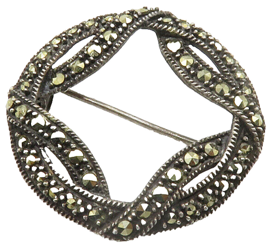 925 Sterling Silver  Vintage Marcasite Open Circle Wrapped Brooch Pin  BP5661