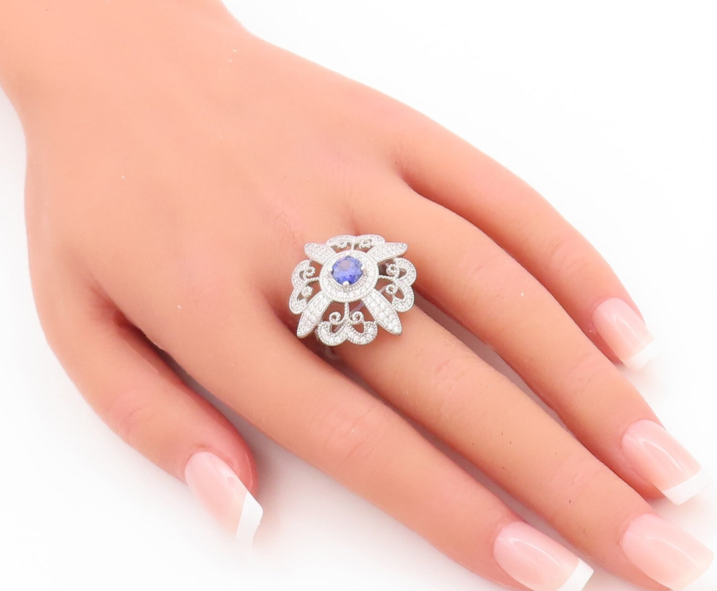 925 Sterling Silver Vintage Ring CZ & Sapphire Cutout Flower  Sz 7  RG29843