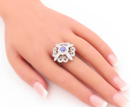 925 Sterling Silver Vintage Ring CZ & Sapphire Cutout Flower  Sz 7  RG29843