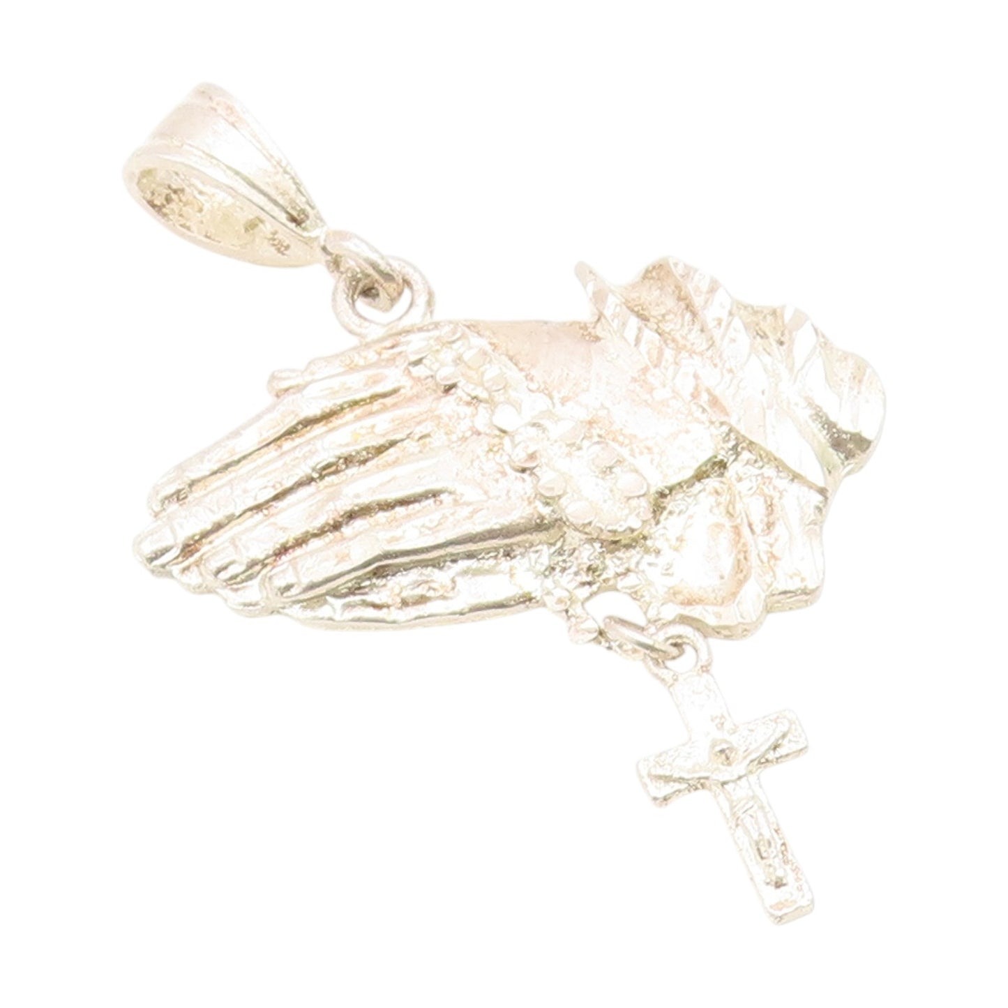 925 Sterling Silver Vintage Pendant Etched Praying Hands With Holy Cross PT25967