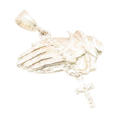 925 Sterling Silver Vintage Pendant Etched Praying Hands With Holy Cross PT25967