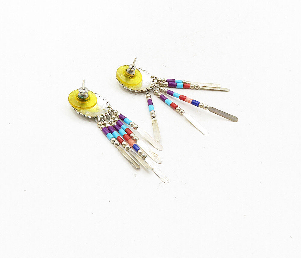 SOUTHWESTERN 925 Silver Vintage Multi Gemstone Floral Dangle Earrings EG4866