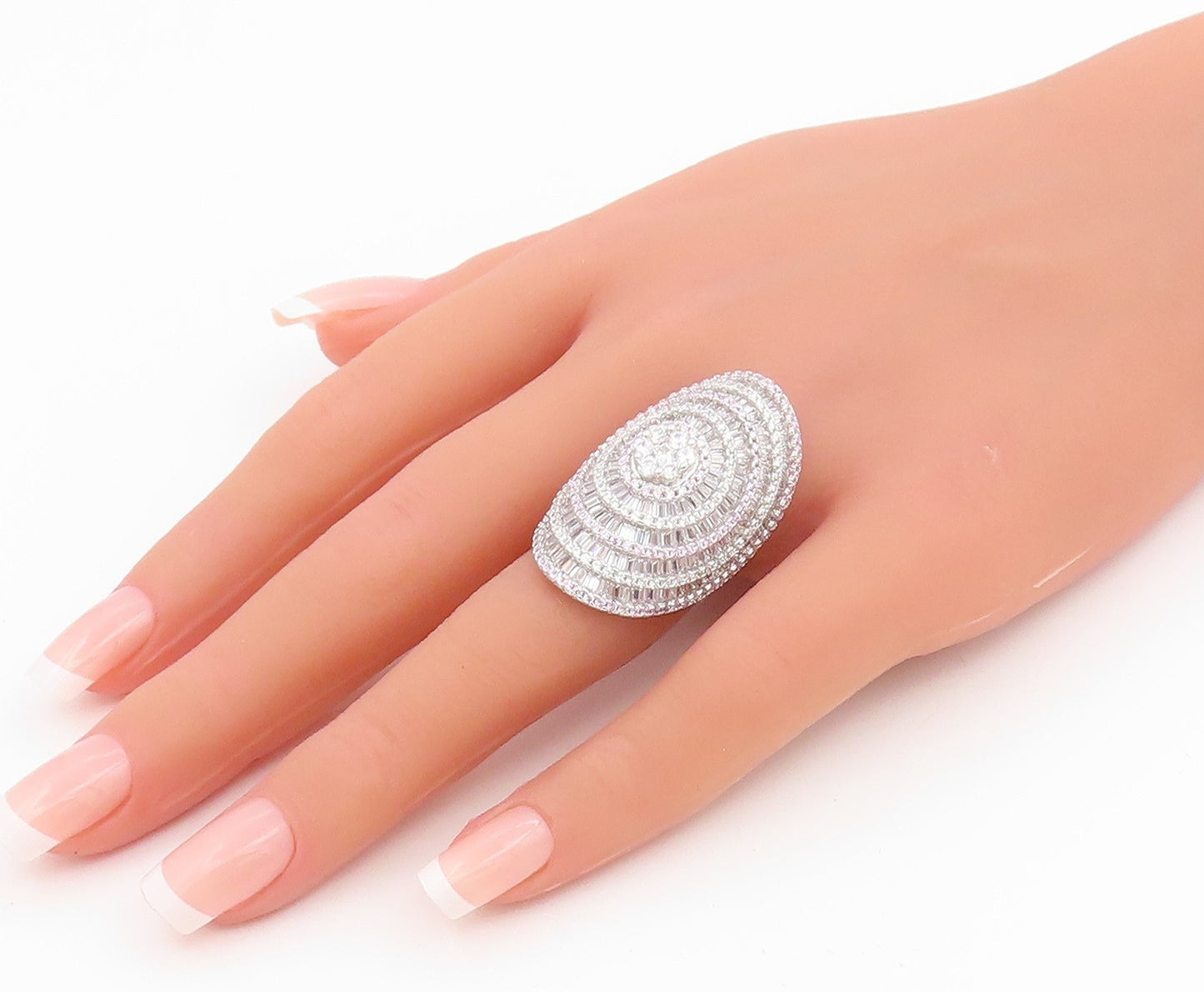 925 Sterling Silver Vintage Ring Round & Baguette Cut CZ Halo Dome Sz 6 RG35409