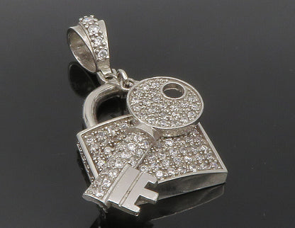 925 Sterling Silver  Vintage Cubic Zirconia Pad Lock & Key Pendant  PT10142
