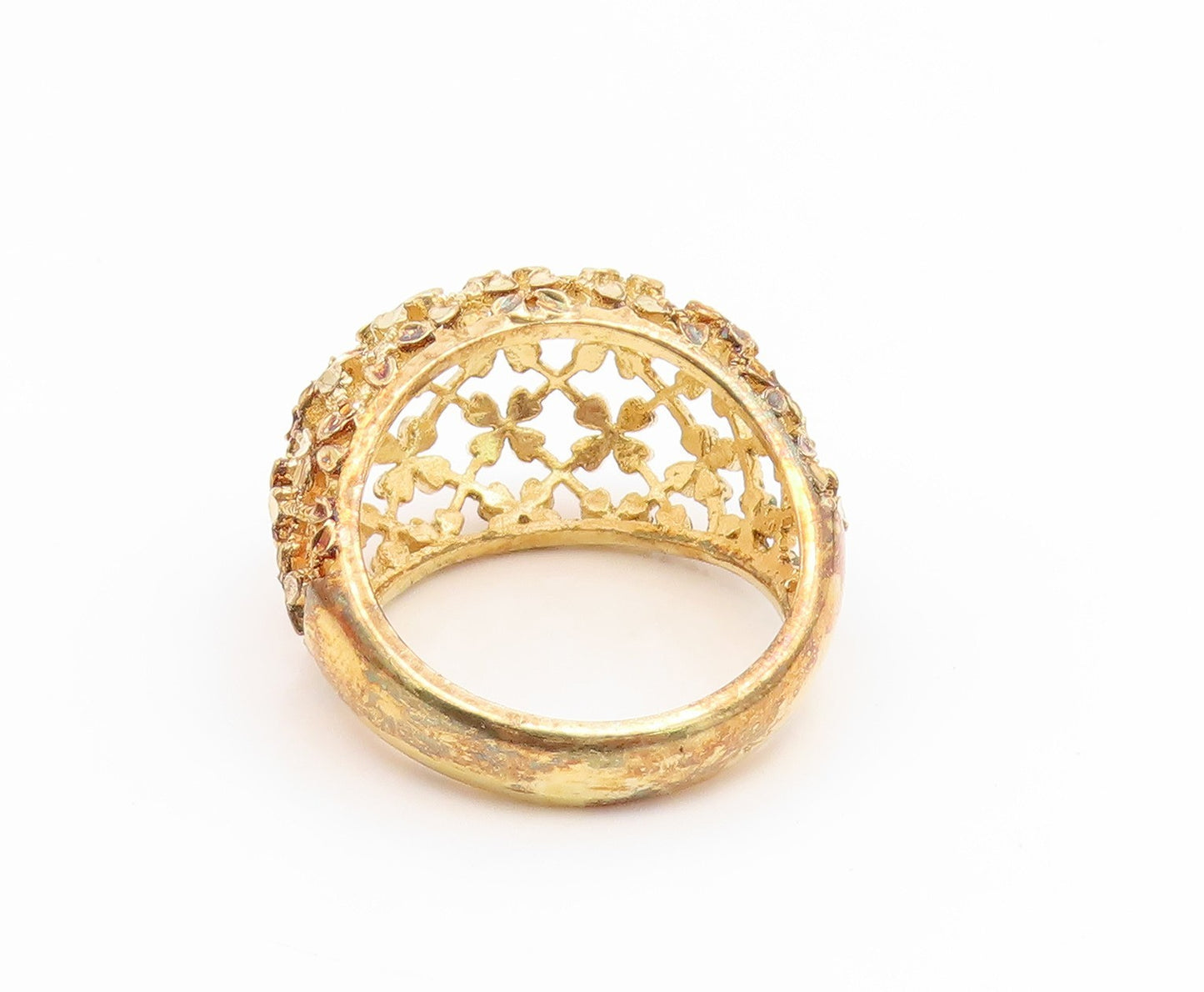 925 Sterling Silver Vintage Ring Gold Plated Openwork Floral Dome  Sz 8  RG35208