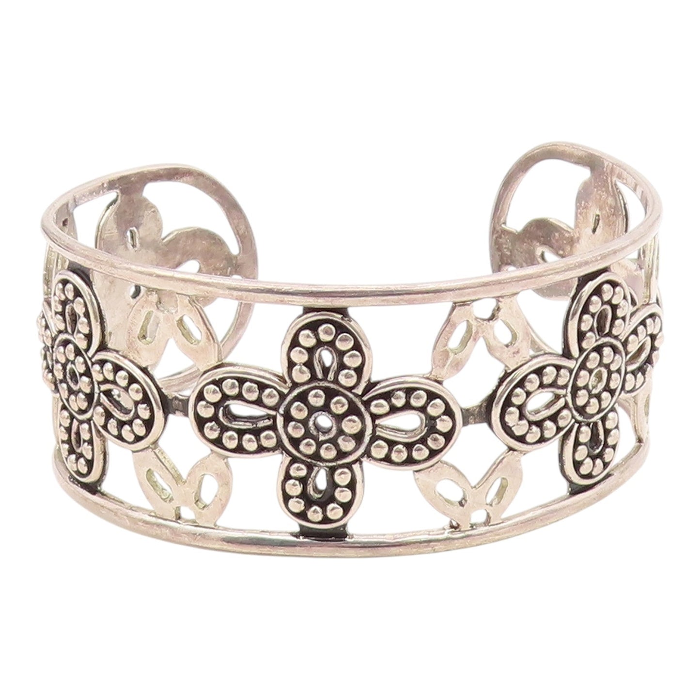 925 Sterling Silver  Vintage Shiny Retro Flower Motif Cuff Bracelet  BT8029