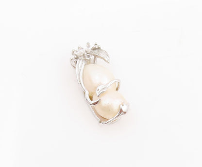 925 Sterling Silver Vintage Pendant Classic Twin Pearl CZ Floral Charm  PT25536