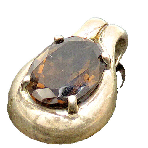 925 Sterling Silver  Vintage Prong Set Faceted Smoky Topaz Pendant  PT16874