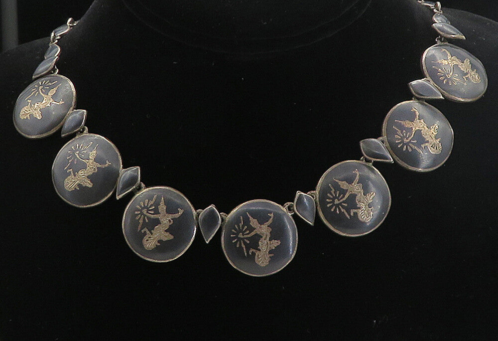SIAM 925 Sterling Silver  Vintage Enamel Niello Dancer Chain Necklace  NE1379