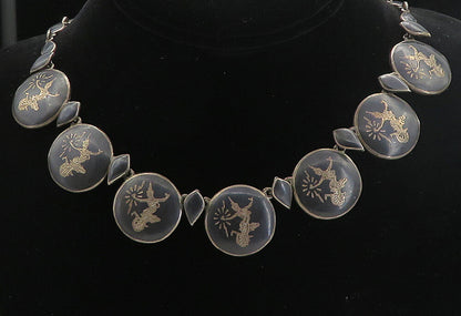 SIAM 925 Sterling Silver  Vintage Enamel Niello Dancer Chain Necklace  NE1379