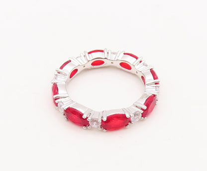 925 Sterling Silver Vintage Ring Oval Cut Red & Round CZ Band  Sz 7  RG29553