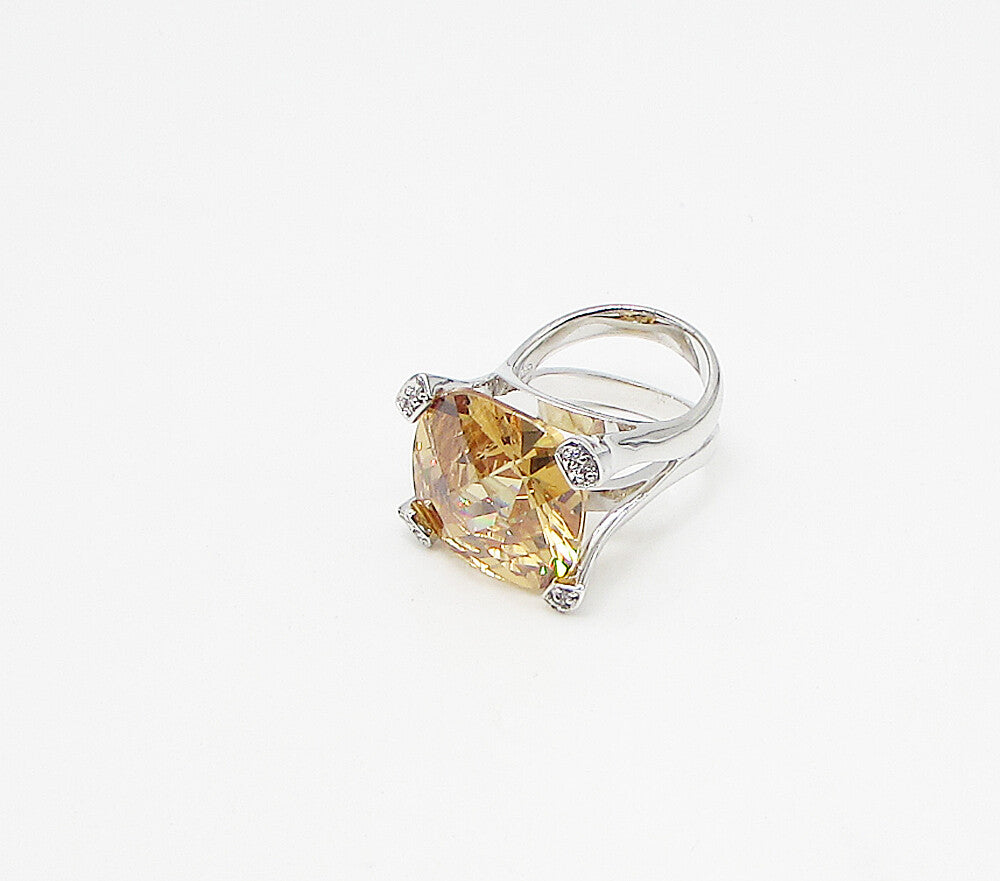 925 Sterling Silver  Citrine & White Cubic Zirconia Cocktail Ring Sz 7  RG3441