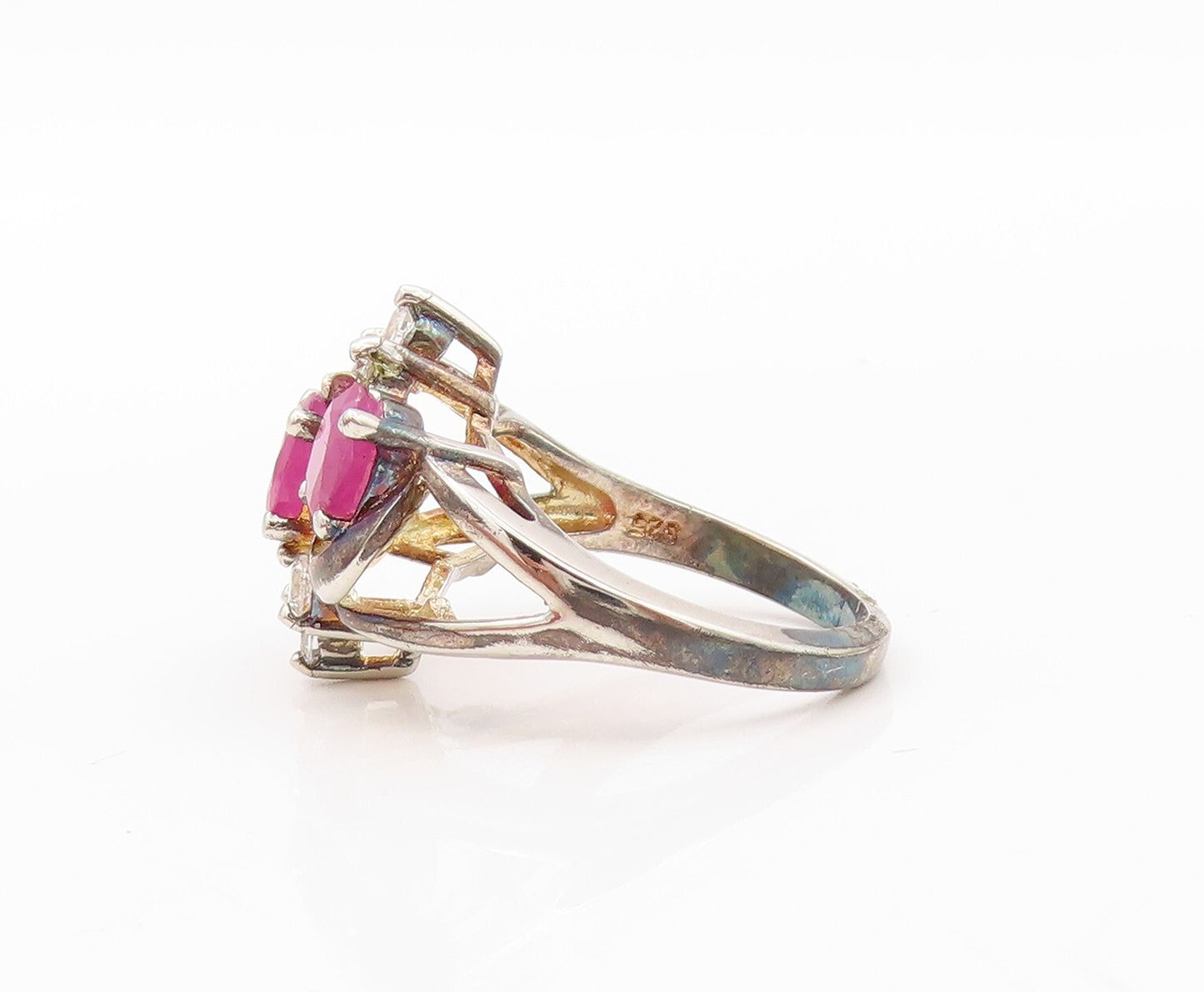 925 Sterling Silver Vintage Ring Swirly Floral Carved Ruby & CZ  Sz 7  RG30175