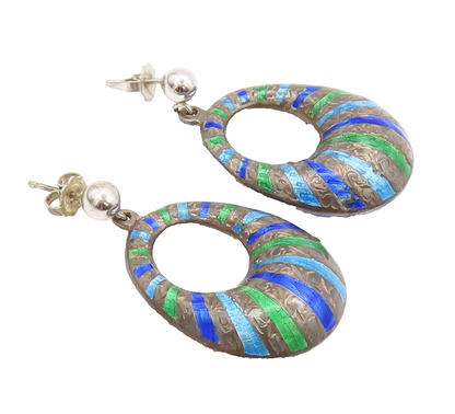 925 Sterling Silver  Vintage Dangling 2 Tone Enameled Donut Earrings  EG12767