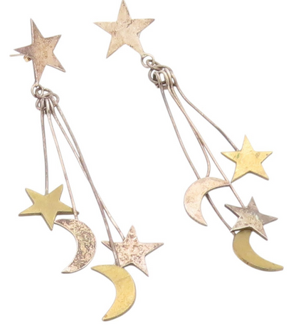 925 Sterling Silver Vintage Earrings Modernist Drop Cutout Moon & Stars  EG13653