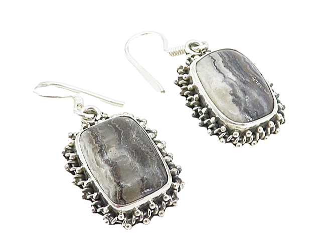 925 Sterling Silver  Vintage Cabochon Cut Agate Square Dangle Earrings  EG3198