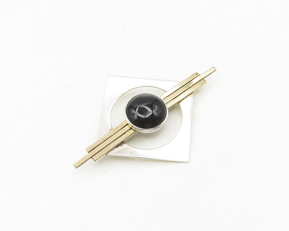 DESIGNER 925 Silver  Vintage Cabochon Cut Black Onyx 2 Tone Brooch Pin  BP7419