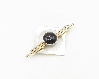 DESIGNER 925 Silver  Vintage Cabochon Cut Black Onyx 2 Tone Brooch Pin  BP7419
