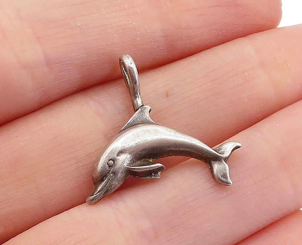 925 Sterling Silver  Vintage Petite Dark Tone Leaping Dolphin Pendant  PT4036