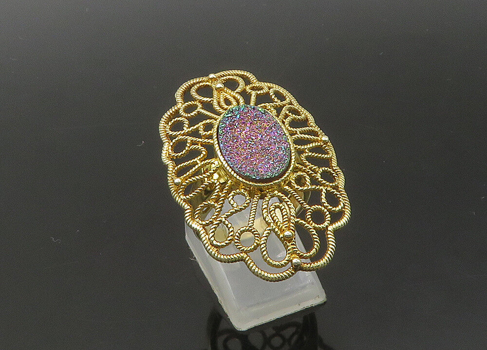 925 Sterling Silver  Vintage Druzy Stone Floral Cocktail Ring Sz 6.5  RG22080