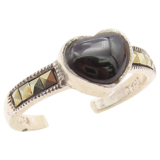 925 Sterling Silver Vintage Ring Onyx & Marcasite Love Heart Band  Sz 7  RG36671
