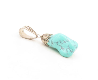 925 Sterling Silver Vintage Pendant Modernist Amorphas Shape Turquoise  PT23854