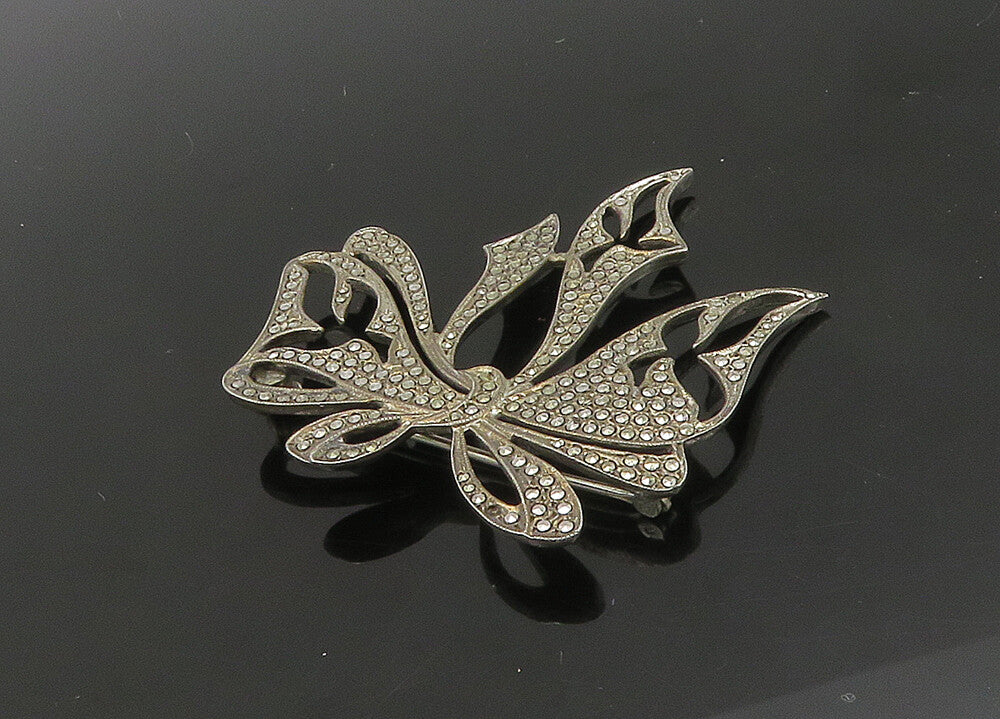 925 Sterling Silver  Vintage Sparkling Bow Tied Ribbon Brooch Pin  BP8296