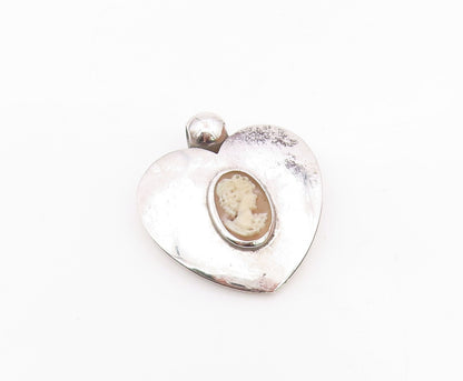 925 Silver  Vintage Polished Love Heart & Carved Lady Cameo Pendant  PT21441